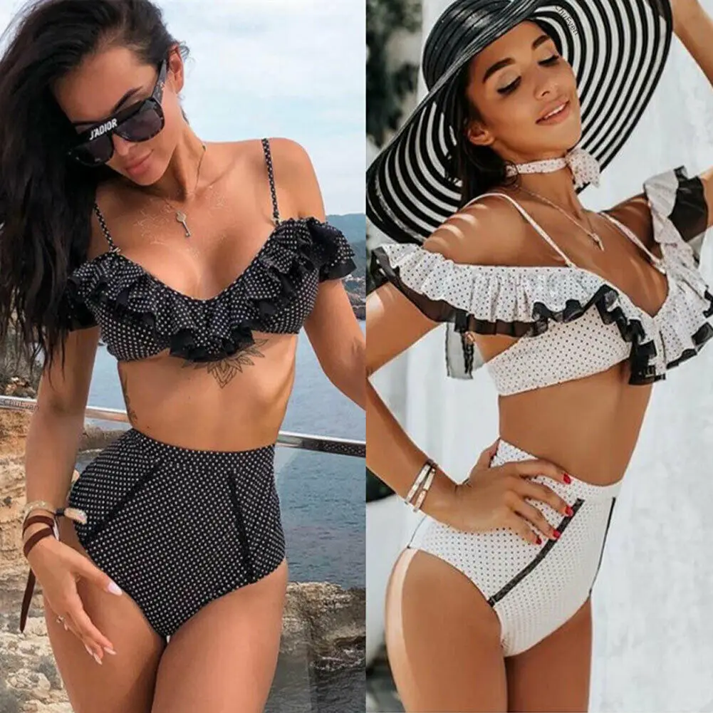 

Polka Dots Ruffle Swimwear Women Ruffle Stylish High Waist Bikini Set Push-up Bandage Bikini Set Swimsuit Bathing Suit