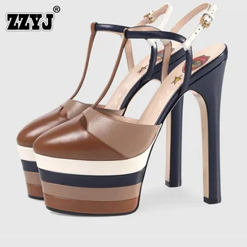 ZZYJ 2017 Summer New Brand Genuine Leather Sandals Pumps Woman Shoes Red High-Heeled Shoes Sexy T stage show Embroidery Big size
