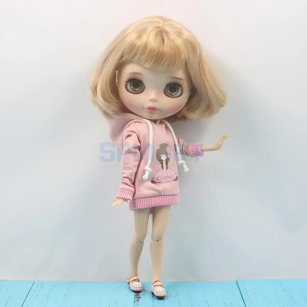 Trendy Pink Hoodie Top with Pretty-Girl Graphic Outfit Clothes for 1/6 Scale Fashion Doll Blythe Azone Licca Accessories