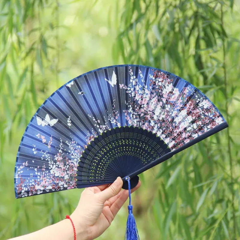 Японский Шелковый танцевальный бамбуковый Складной вентилятор бабочка цветок Азиатский Карманный вентилятор цветочный принт Ручной Вентилятор Шелковые Подарки для женщин 1 шт