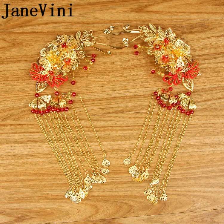 JaneVini Китайский древний красный бисер роскошные свадебные шпильки для волос золотые наборы жемчужный свадебный головной убор невесты украшения для волос цветок головной убор