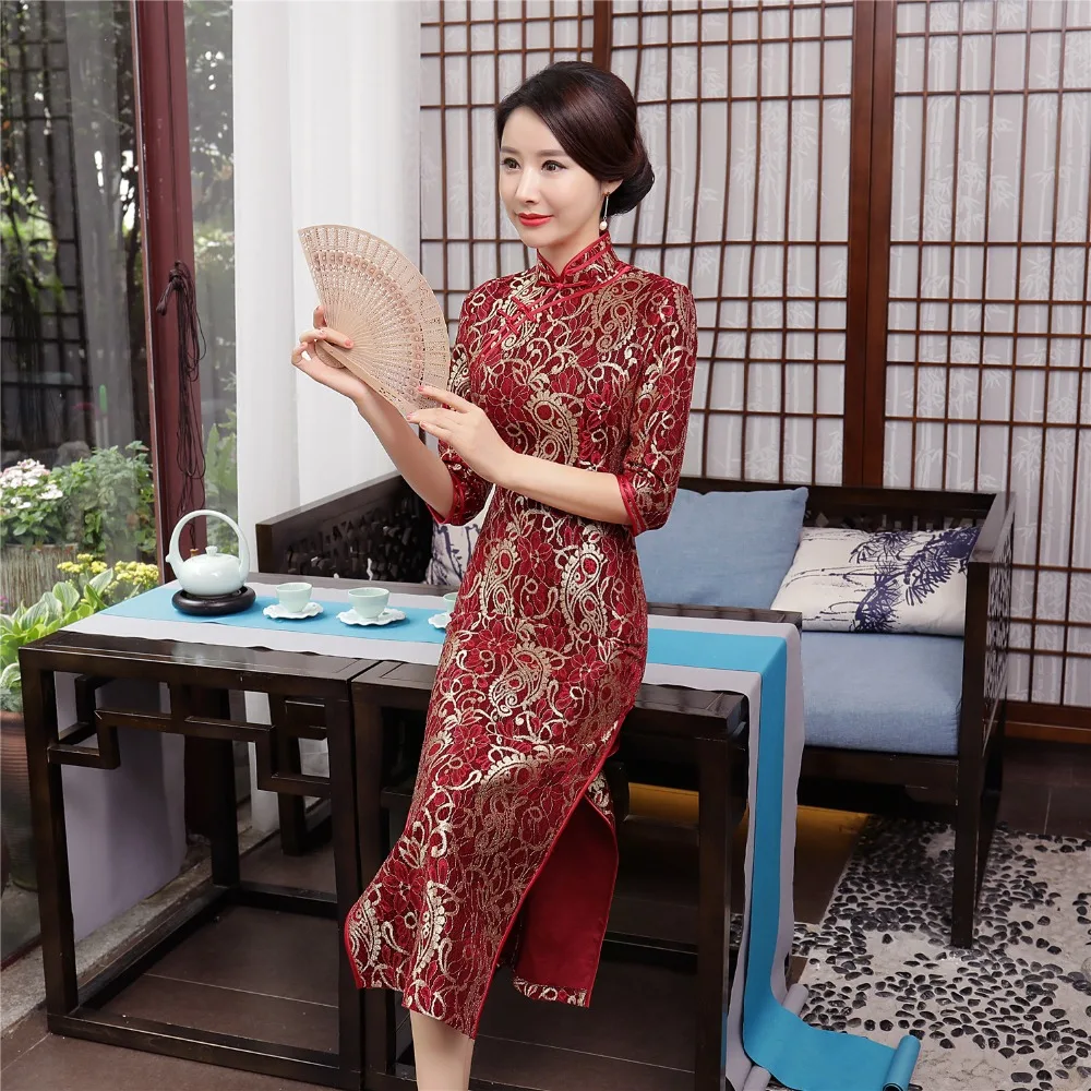Шанхай история китайское традиционное платье длинный Чонсам бархат Qipao кружева восточное платье 3/4 рукав бархат Винтаж Cheongsam