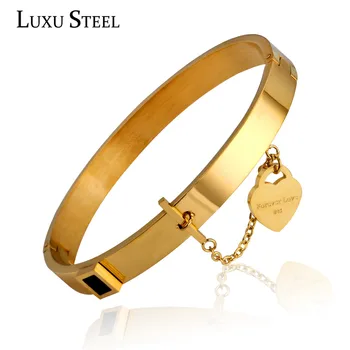 

LUXUSTEEL Luxury Brand Jewelry Fashion Heart Pendant Bracelet & Bangle Stainless Steel Gold Color Link Chain Bangle Women