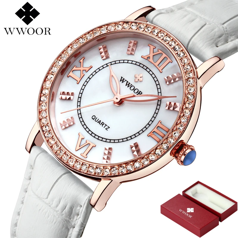 Brand Luxury Women Watches Red Leather Rhinestones Dress Casual Rose Gold Women Quartz Wrist Watch Ladies Clock Relogio Feminino