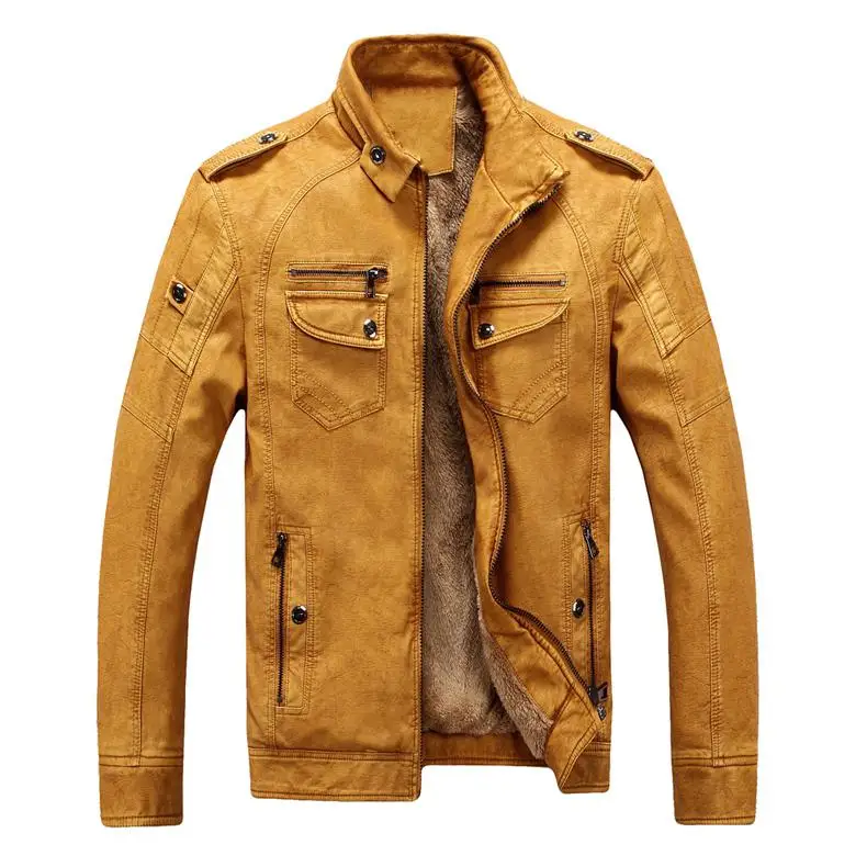 Модная зимняя куртка мужская повседневная кожаная куртка для отдыха плюс бархатное теплое пальто Мужская Классический мотоцикл ПУ кожаные куртки мужские s - Цвет: yellow leather jacke
