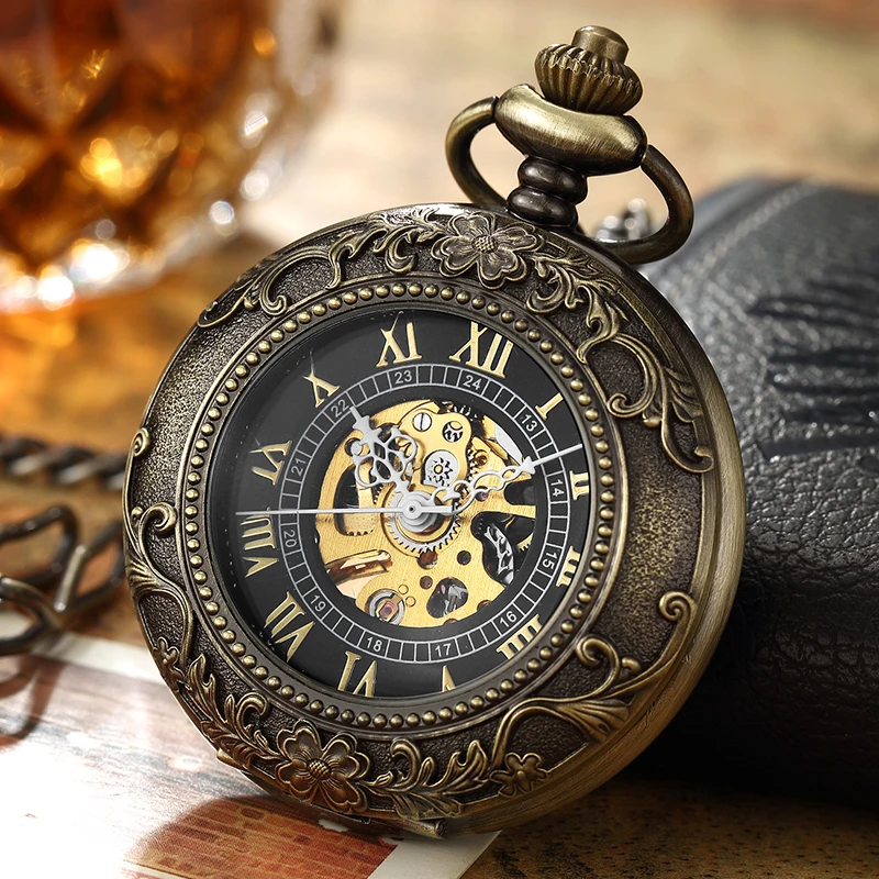 Retro Steampunk Mechanische Zakhorloge Brons Bloem Laser Gegraveerde Fob Chain Box Pakket Mannen Vrouwen Flip Horloges Skeleton Klok