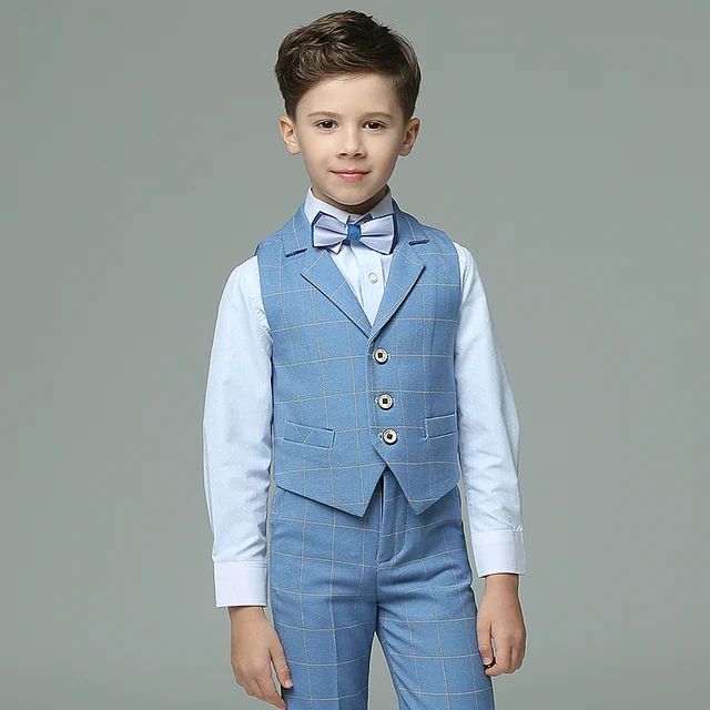 2017 Autumn Boys Suits Plaid Light Blue Vest Sets Wedding 2017 Autumn Boys Suits Plaid Light Blue Vest Sets Wedding For Kids Tuxedos