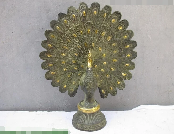 

wholesale factory 14"Chinese Bronze Gilt Wild Proudasa Peacock Peafowl open the feathers Statue