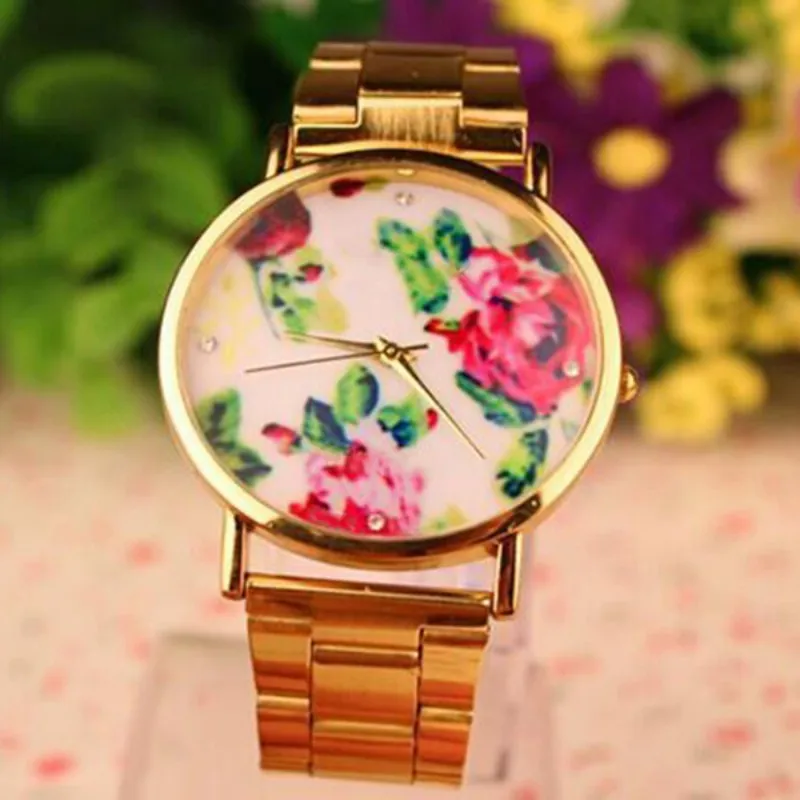 Rose Flower Dial Watch Stainless Steel Band Relojes Quartz Analog Girl