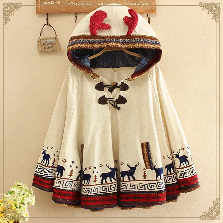 

Japanese Mori Girl Hooded Cloak Jacket Lolita Cartoon Deer Women Batwing Sleeve Loose Jacket Lolita Thicken Fleece Jacket Coat