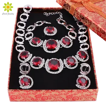

Jewelry Sets For Women Round Design Red Crystal Necklace Earrings Set Silver Plated Party Wedding Bridal Accessories+Gift Boxes