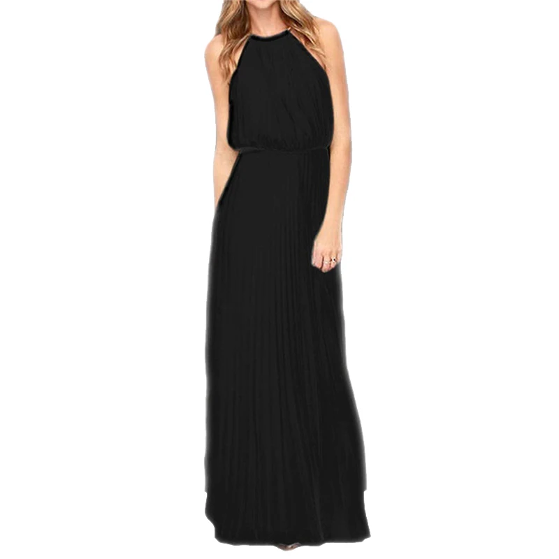 

New Women Sexy Sleeveless Pleated Halter Chiffon Dress Elegant Mid Waist Backless Slim Dress Solid Color Floor Length Dresses