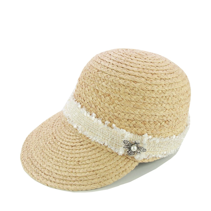 New Design Tweed Belt Raffia Baseball Caps Fashion Women Beach Hats With Bee Female Summer Straw Sun Visor Caps Wholesale