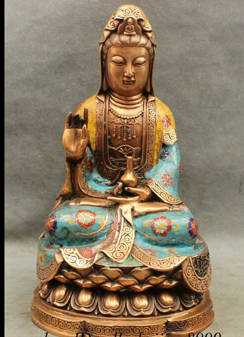 

12" Folk Chinese Cloisonne Bronze Gilt Buddhism Kwan-Yin Guan Yin Pot Statue