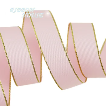 

(10 yards/lot) Gold Edge Pink Grosgrain Ribbon Wholesale Gift Wrapping Christmas ribbons