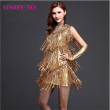 Для женщин Костюмы для латиноамериканских танцев Румба танцевальная одежда костюмы Блёстки кисточкой квадратный платье для танцев цвета: золотистый, серебристый Костюмы для латиноамериканских танцев бахрома Платья для женщин халат де Danse для продажи