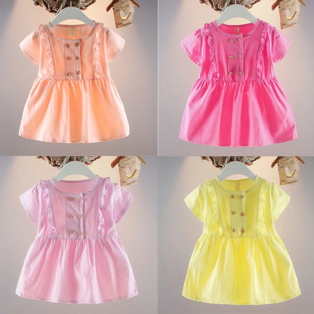 

Huang Neeky W#4 2019 NEW Fasshion Casual Infant Kid Baby Girl Short Sleeve Pure Color Fastener Ruffle Dress Clothing Summer Hot