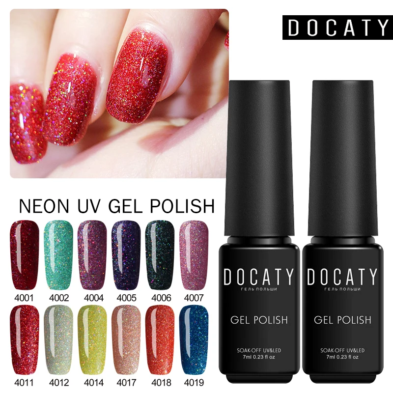 

Docaty Gel Nail Polish 3D Colorful Neon Rainbow Long Lasting Glitter UV Gel Polish Soak Off Glitter Shiny GelLak for Nails Art