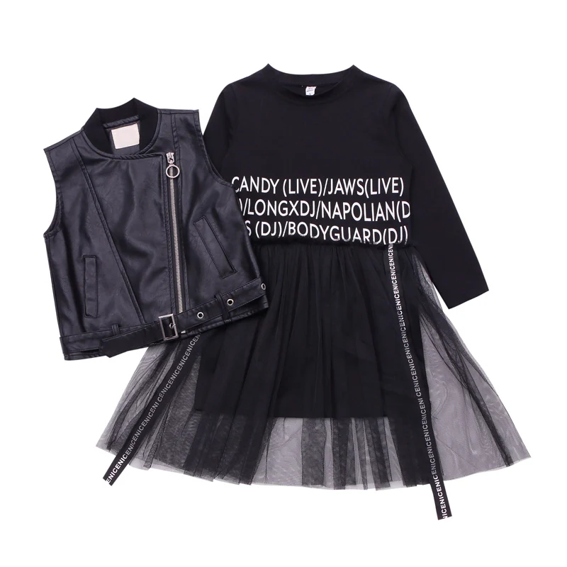 

Girls Clothes Set 2Pcs Pu Lether Vest+Long Sleeve Letter Mesh Dress Girls Clothing Sets Kid Outerwear Faux Leather Girls Suit