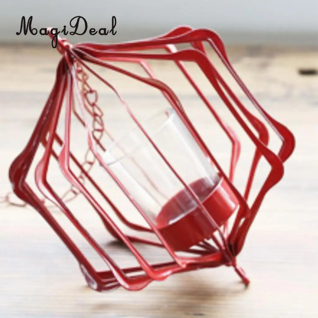 MagiDeal Wire Hanging Chain Hollow Vintage Geometric Tealight Candle Holder Mood Light Candleholder Candlestick Lantern Case