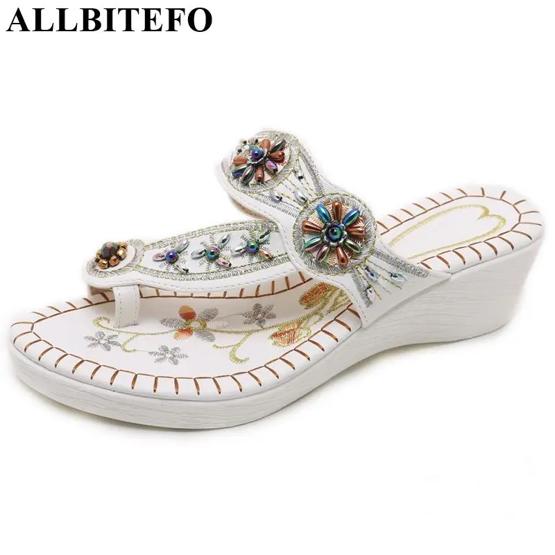 

ALLBITEFO brand women slippers top quality medium heel Summer comfortable slippers hoof string bead flip flops beach slides