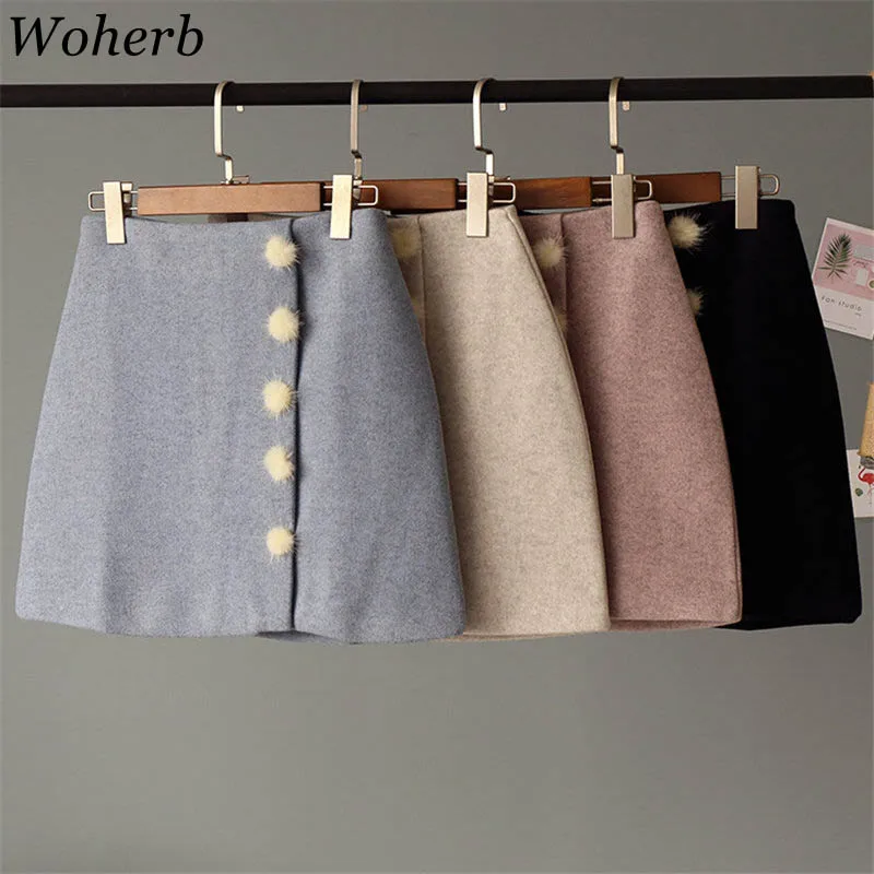 

Woherb 2019 Harajuku Winter Skirts Womens Kawaii Korean High Waist Mini Skirt Fur Ball Button Skirt Jupe Femme 20627