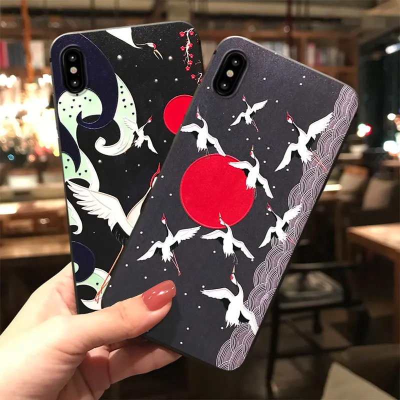 JIBAN Red Sun Flying Crane Phone Case For OPPO 17pro R11s R9s Plus XiaoMi 9 8se Mix2 5s Embossed Antique Silicone Soft Cover |