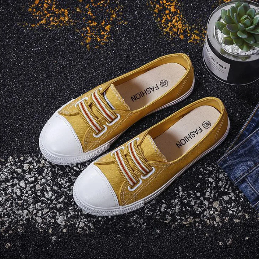 

Slip On Casual Off White Sneakers Women Elastic Band Spring Summer Flat With Ladies Shoes Solid Vulcanize Canvas Shoes