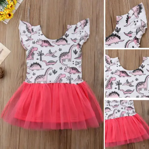 New Pink Dinosaur Tulle Dress Kid Baby Girls Sleeveless Dress Dinosaur Party Pageant Tutu Dress
