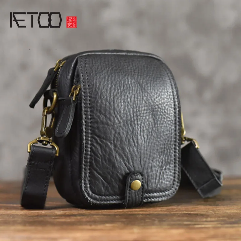 AETOO Leather Messenger Bag casual vintage Leather Phone Pocket Shoulder Bag Mini Men's Soft Leather Small Bag