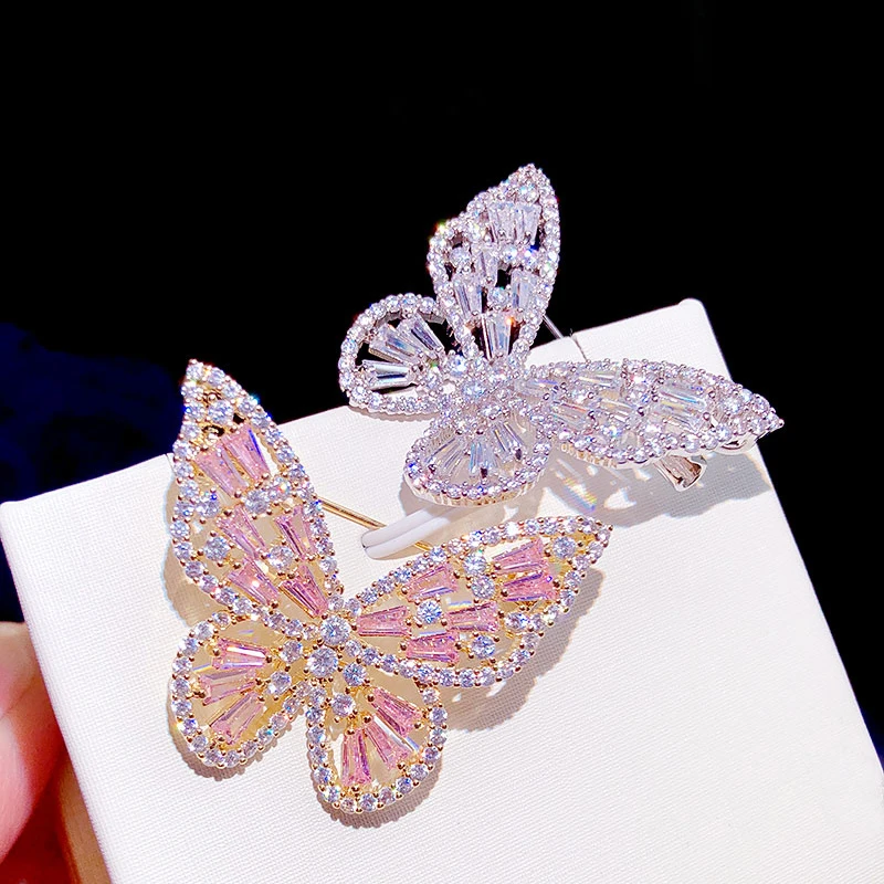 

ASNORA Stylish pink zircon butterfly brooch for women with silver zircon mounting crystal wedding