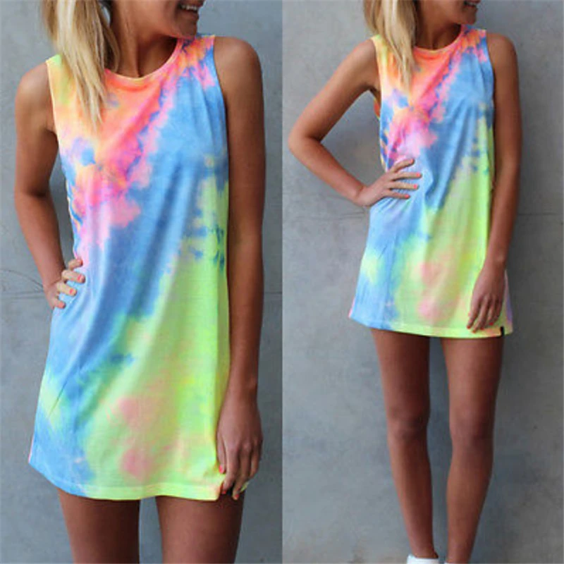

2019 Fashion Hot Rainbow Color Casual Women Lady Sleeveless Vest Mini Dresses Summer Beach Party Loose Straight Dress Vestidos