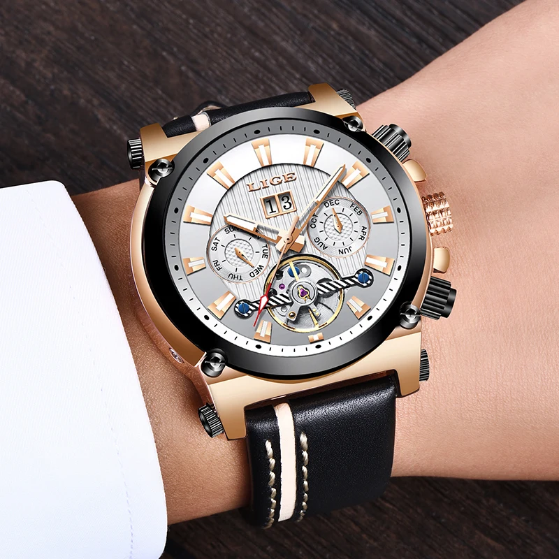 2019 New LIGE Fashion Leather Automatic Mechanical Watch Men Military Waterproof Watch Men Sport Mechanical Clock Montre Homme