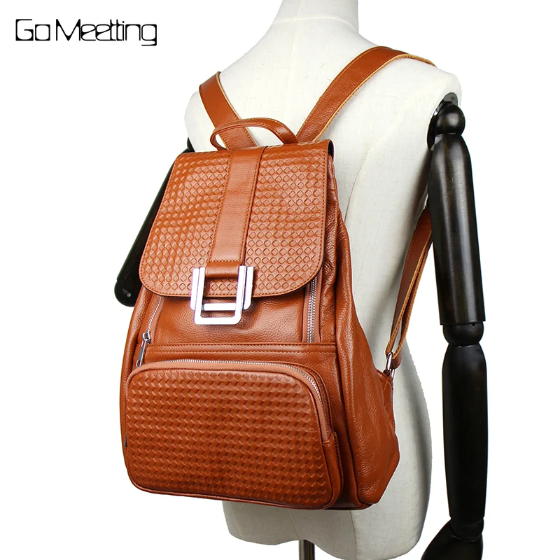 

Go Meetting Brand Genuine Leather Women Backpacks Grid Embossed Sac A Dos Shoulder Bag Mochila Feminina Brown Travel Backpack