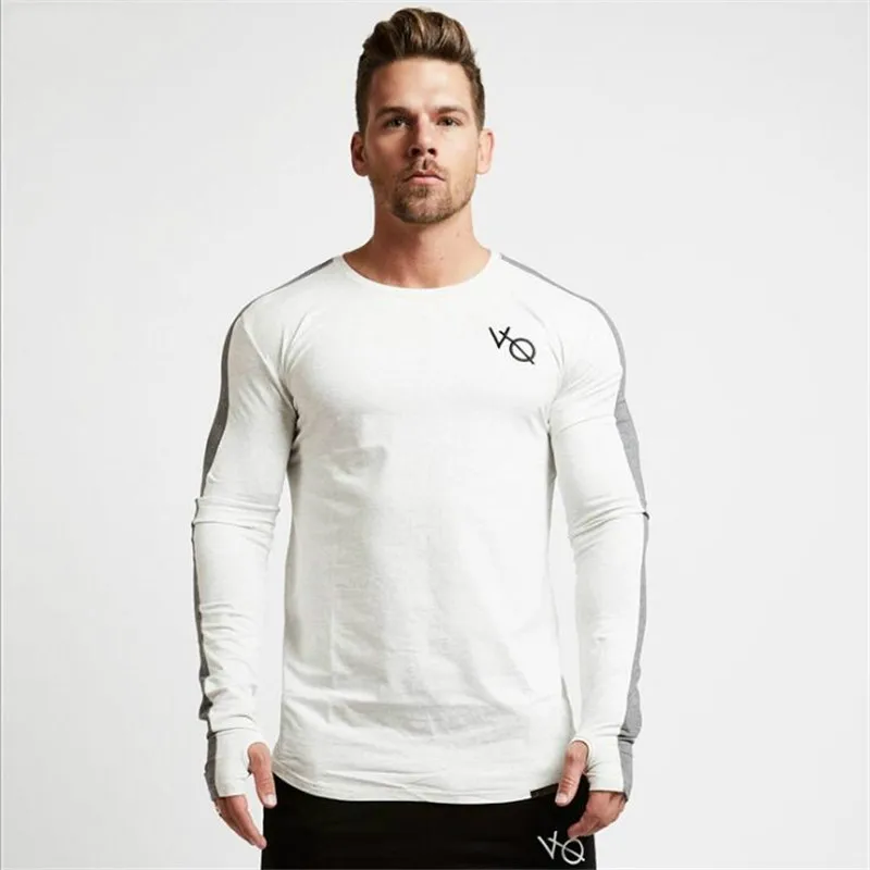 2018 New Gyms Brand T Shirt Patchwork  Long Sleeve Slim Fit Men Gyms T-shirt Cotton Tee Shirt Casual Bodybuilding T-Shirt Men