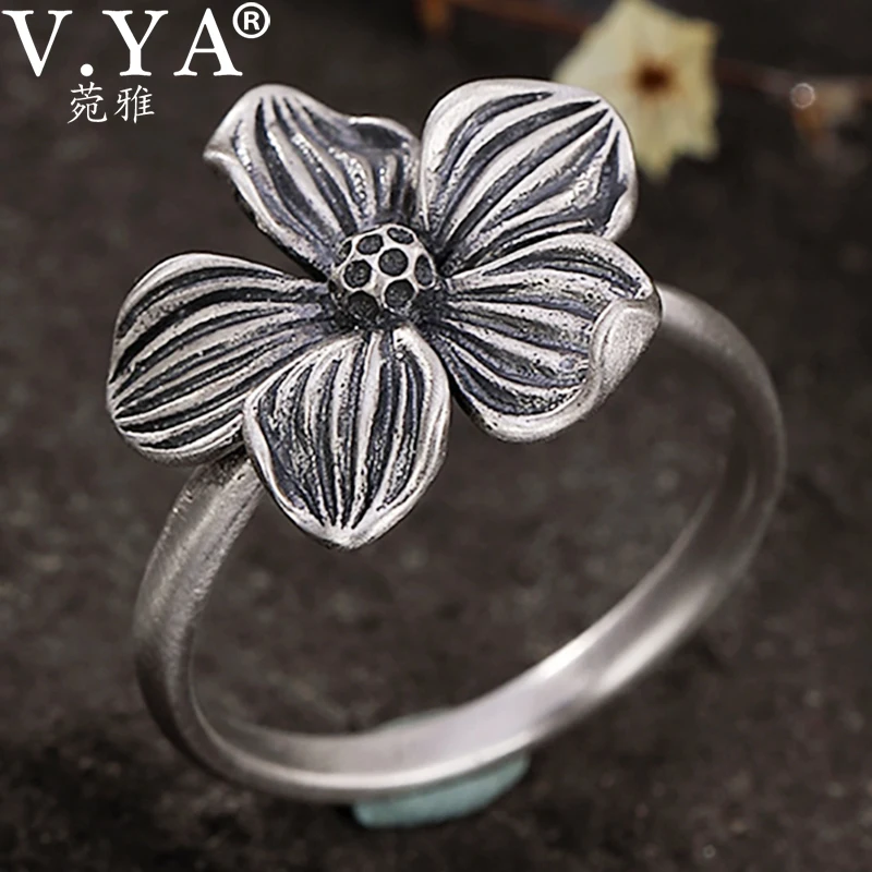 

V.YA Real 925 Sterling Silver Rings Vintage Flower Ring 100% S925 Solid Silver Ring for Women Jewelry Retro Silver Rings