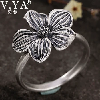 

V.YA Real 925 Sterling Silver Rings Vintage Flower Ring 100% S925 Solid Silver Ring for Women Jewelry Retro Silver Rings