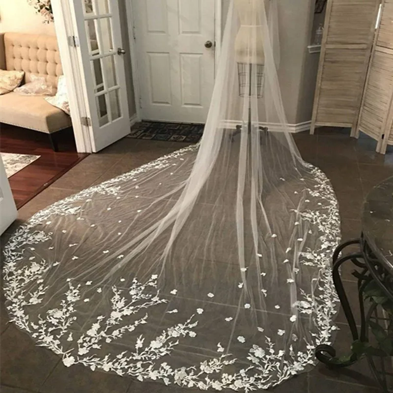 New Real Image One-Layer Ivory White Lace Applique Edge Bridal Cathedral Veils Free Comb Wedding Custom Made Veil | Свадьбы и