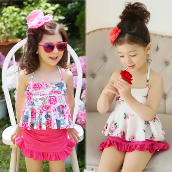 

2017 Baby Swimwear Lovely Flower Print Baby Kids Girls Bikini Swimsuit New Two Pieces with Swimming Cap 1-8Y