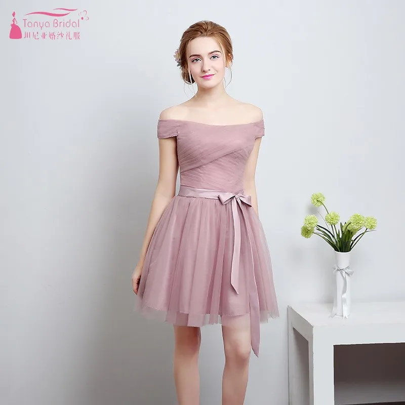 Dusty Pink A Line Short Tulle Bridesmaid Dresses Cheap Discount Simple