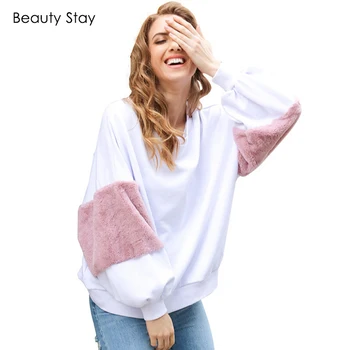 

BeautyStay Loose Faux Fur Women Hoodies Sweatshirs Autumn Winter Long Sleeve Pullover Girl Oversize Patchwork Female Sweatshirt