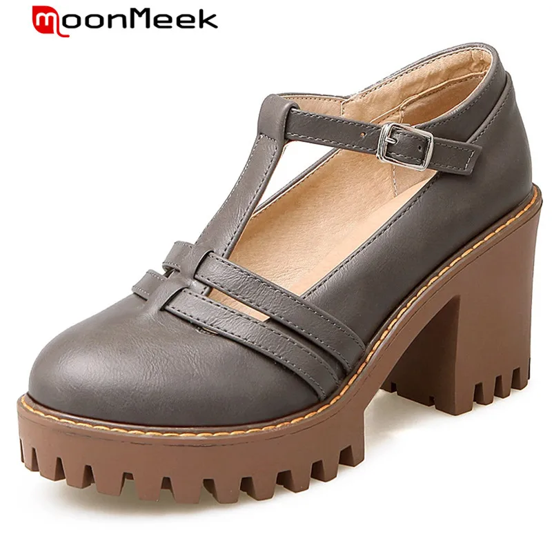 

MoonMeek Fashion retro platform shoes woman buckle round toe high heels shoes big size 34-43 women pumps PU soft leather