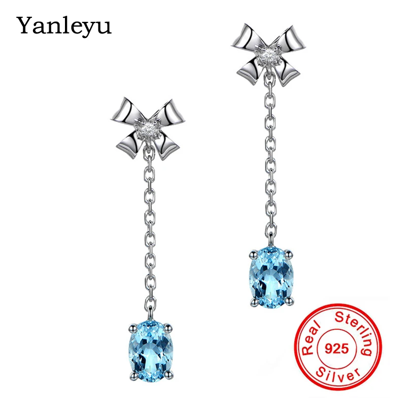

Yanleyu Authentic 925 Sterling Silver Bow-knot Dangle Earrings for Women Blue Crystal Drop Earrings for Women Fine Jewelry PE019