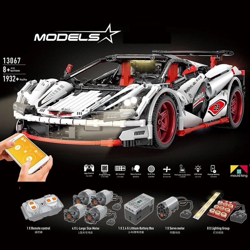 

New APP RC Sports Racing Car Veneno Roadster Model Set Technic MOC 3918 With LED Light Motor Building Blocks Children Boy Toys