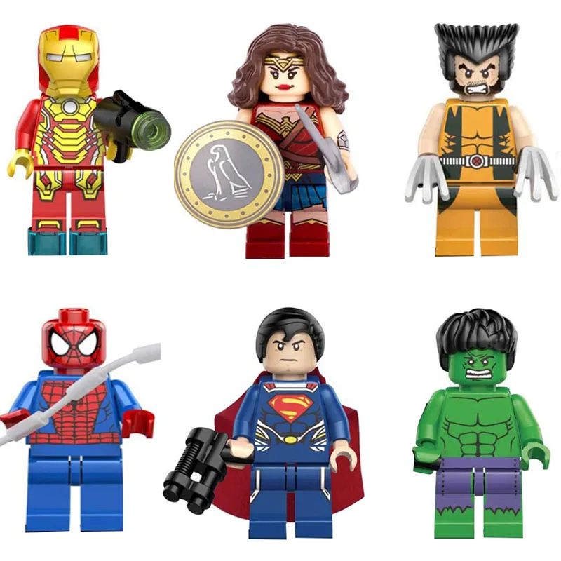 Фигурки супер героев, 6 шт./лот скидка 10%, чудо-женщина, кошка, женщина, Харли Квинн, Супермен, Бэтмен, строительные блоки, игрушки для детей - Цвет: Дерево