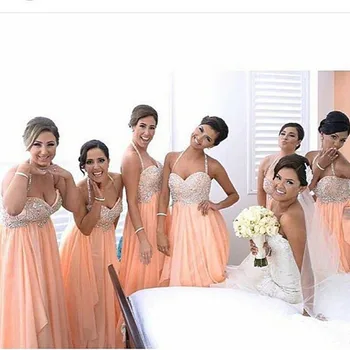 

2018 Floor Length Off The Shoulder Bridesmaid Dresses Sexy long Halter Beaded Wedding Party Dress Coral vestido madrinha