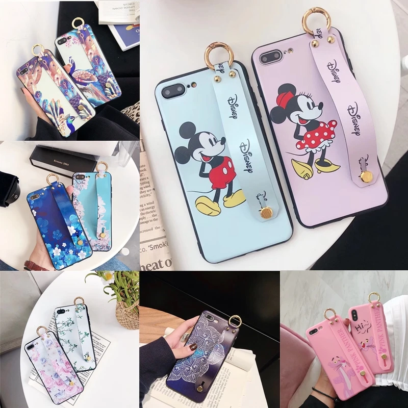 

Minnie Case for iPhone 7 Case Mickey Flower Floral Peacock Panther Soft TPU Cover for iPhone 7 8 Plus 6 6S XS Max XR Wrist Strap