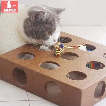 

HIPET Interactive Kitten Cat Toys Funny IQ Training Wooden Puzzle Peek Play Box Scratch Resistant Pet Cats toy with Ball