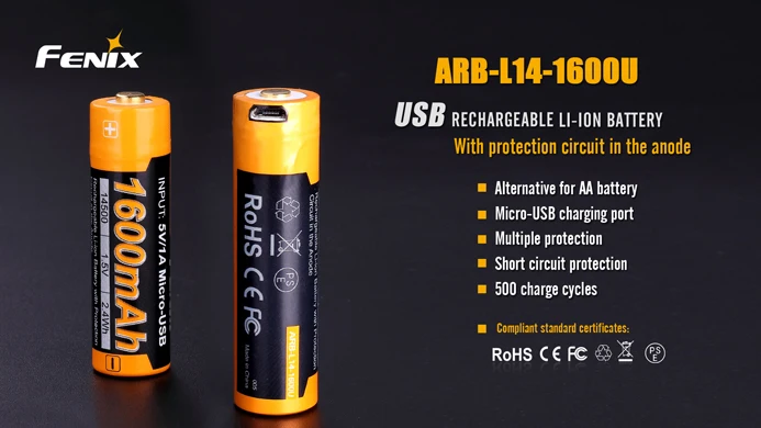 1 шт Fenix ARB-L14-1600U USB Перезаряжаемый 1600mAh литий-ионный аккумулятор 14500 1,5 V