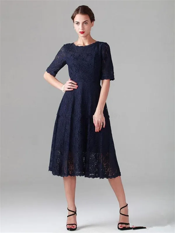 

Elegant Dark Navy Mother Of The Bride Dresses Tea Length Full Lace Short Half Sleeves Cocktail Party Gowns Plus Size Wedding Gu
